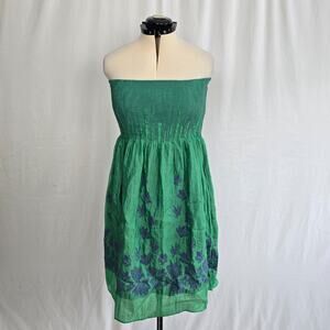 Lapis Strapless Dress Women's OS Green Floral Fit & Flare EUC